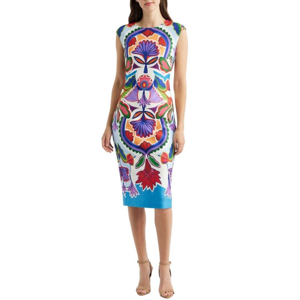 Vince Camuto Womens Plus Size Placement-Print Cap-Sleeve Midi Dress 14 Blue NWT